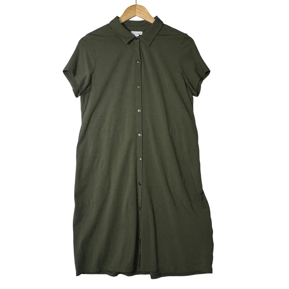 J Jill Womens Size Medium Olive Green Button Front‎ Shirt Dress Pockets Casual